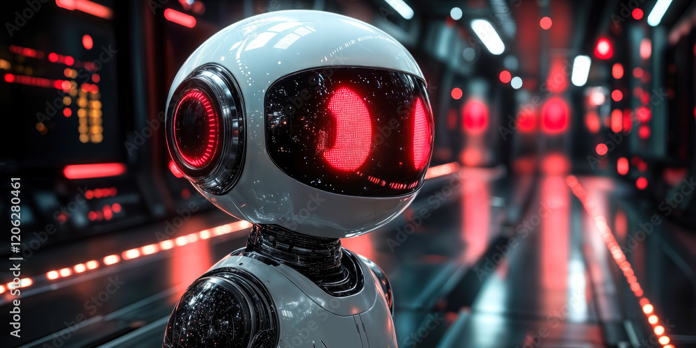 Poster ai-powered privacy-focused robot in futuristic tech environment highlighting security