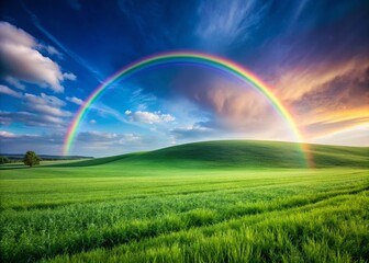 Obraz premium Minimalist Rainbow Over Green Field - Peaceful Nature Background