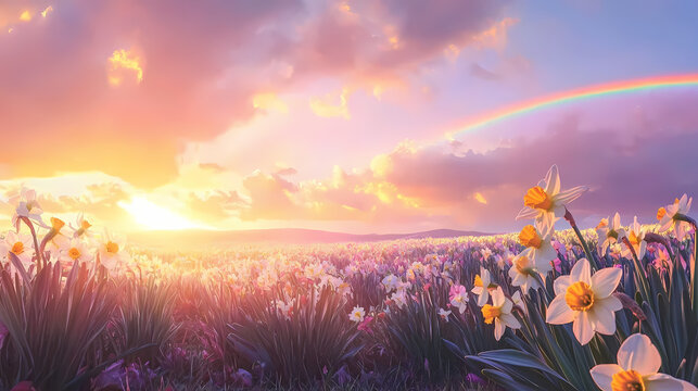 Field of daffodil flowers at sunset with a rainbow in the sky high angle view. Rainbow Fields. Illustration