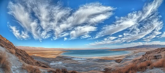 Naklejka premium Desolate Beauty Secluded Valley And Serene Lake Near A Desert Mountain Range, Dead Sea, Israel.