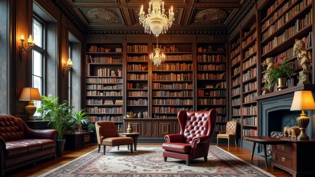 Elegant victorian library with chandeliers and leather seating