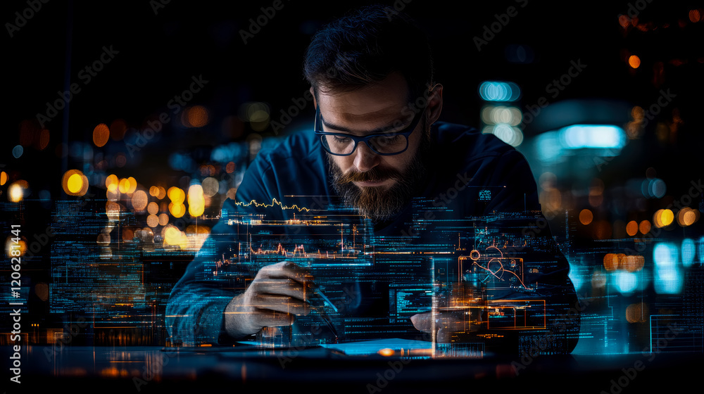 Aufkleber night worker: programmer coding in city at night