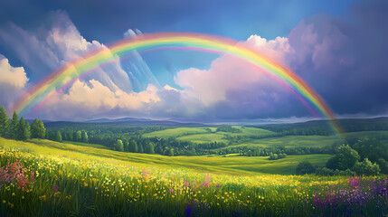 Naklejka premium Vibrant rainbows arcing across serene landscapes and lush green fields after a refreshing rain shower. Rainbow Fields. Illustration