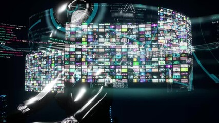 3d render animation of humanoid Ai robot with video generator and music generator theme. Many videos in collage spin around