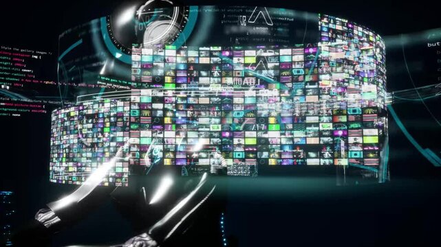 3d render animation of humanoid Ai robot with video generator and music generator theme. Many videos in collage spin around