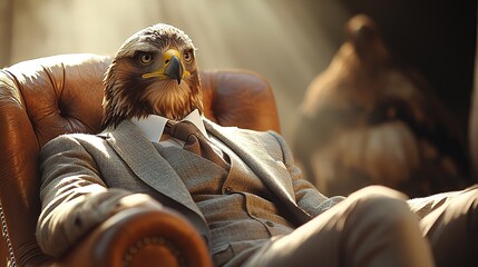 An eagle head wearing a suit sits in a leather chair