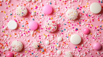Sweet Tooth Heaven Festive Flat Lay of Pink, White Chocolate Candies and Colorful Sprinkles