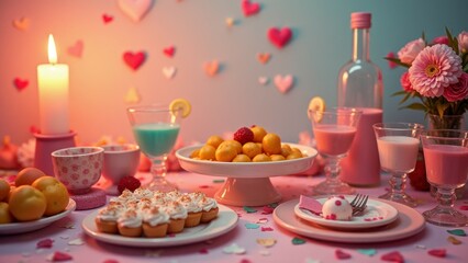 Romantic dessert table with sweets, flowers, and candlelight