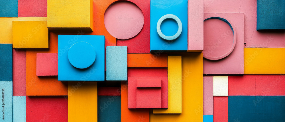 Poster brightly colored geometric shapes and building blocks create a playful design for any space