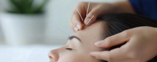 Close-up of acupuncture needles on a patient s face during a cosmetic session