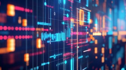 Obraz premium Abstract Digital Data Visualization: Neon Hues and Dynamic Code Streams