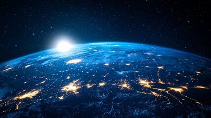 Obraz premium A breathtaking image of Earth viewed from space, illuminated by an emerging sun, showcasing the planet's grandeur, connection, and celestial beauty.