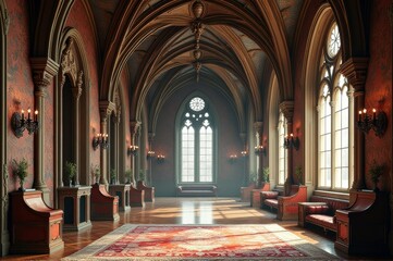 Obraz premium Majestic gothic hall with arched ceilings and luxurious red decor