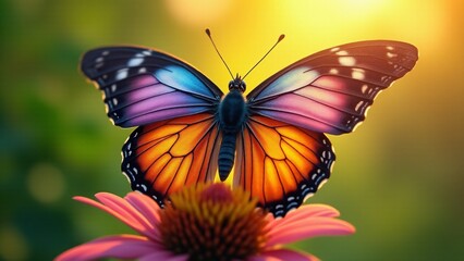 Fototapeta premium A vibrant butterfly with colorful, detailed wings rests on a flower, surrounded by a softly blurred green background, symbolizing genetic diversity and natural beauty.