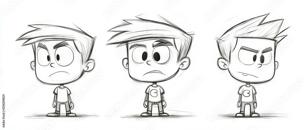 Poster bright cartoon character sketches showcasing various expressions and poses in playful style
