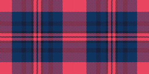 Ribbon check plaid seamless, pixel texture tartan pattern. Advertising vector textile background fabric in red and blue colors.