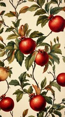 Pomegranate pattern showcasing vibrant fruits and lush leaves in botanical design