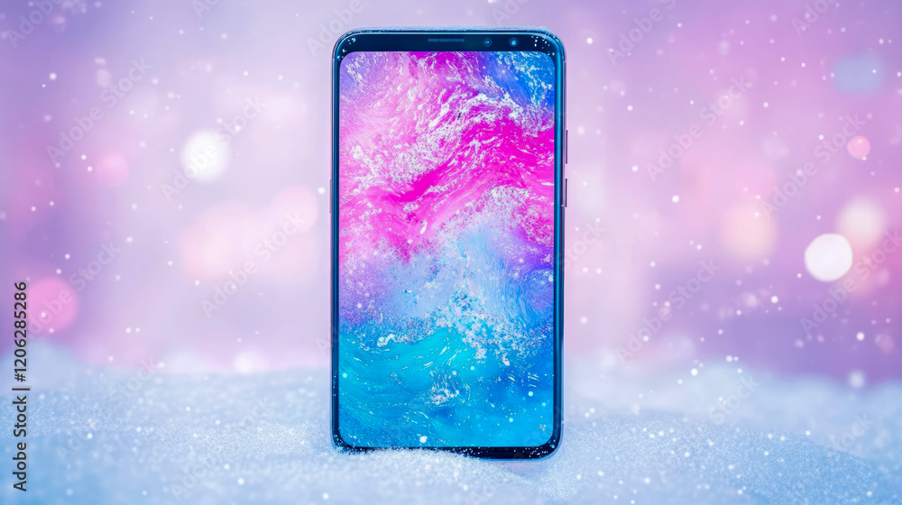 Poster smartphone on snowy background with abstract display