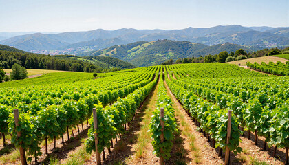 Vineyard rows on green hills under blue sky