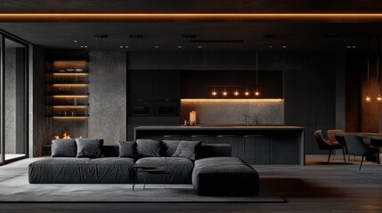A sleek and contemporary open-concept living room and kitchen space features dark tones, subtle lighting, and minimalistic furnishings, offering a stylish, modern vibe.