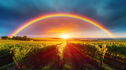 A stunning panorama of a vineyard under a vibrant rainbow at sunset. Rainbow Fields. Illustration
