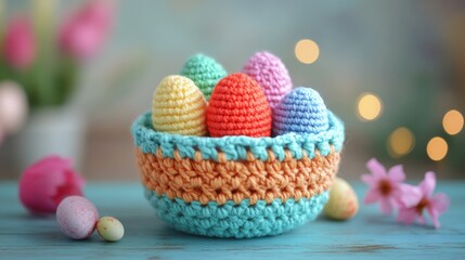 Brightly colored crochet eggs are neatly arranged in a bowl, set against a softly focused background, highlighting the craftsmanship and joyful spirit.