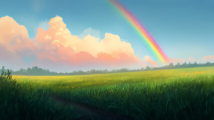 Naklejka premium A vibrant rainbow arching across a clear sky after a light rain, with lush green fields in the foreground. Rainbow Fields. Illustration