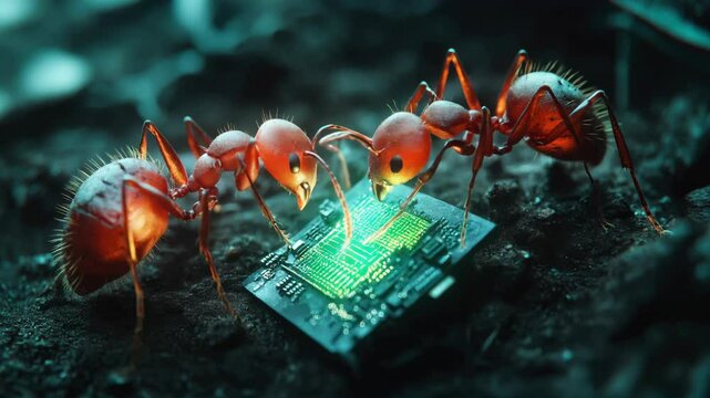 Two Ants Explore a Glowing Microchip: A Glimpse into Nature's Interaction with Technology