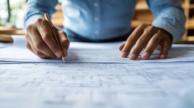 A person intensely working on architectural blueprints, emphasizing precision and dedication in the creative planning of structures for future developments.
