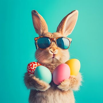 An easter bunny rabbit wearing sunnies shades sunglasses and colorful easter eggs on a blue background