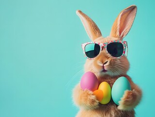 An easter bunny rabbit wearing sunnies shades sunglasses and colorful easter eggs on a blue background © bvbflo1