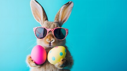 An easter bunny rabbit wearing sunnies shades sunglasses and colorful easter eggs on a blue background