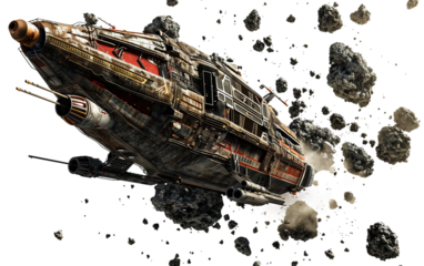 A Space Pirate Ship Navigating Through an Asteroid Belt in Deep Space Isolated on transparent background PNG