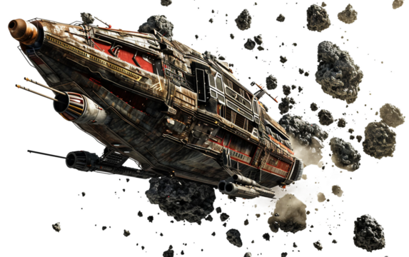 A Space Pirate Ship Navigating Through an Asteroid Belt in Deep Space Isolated on transparent background PNG