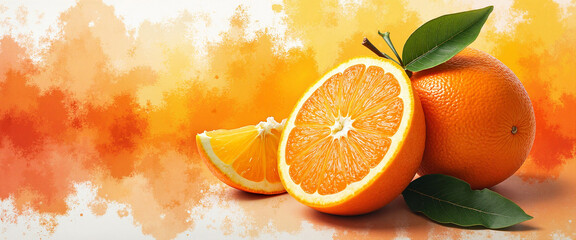 Freshly cut oranges showcasing vibrant colors, emitting a refreshing and juicy vibe, symbolizing sensory exploration through their rich texture and flavor against a bright, abstract orange background