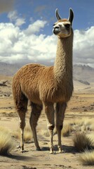 Obraz premium Unique llama standing on rocky terrain in the sunlight during a clear day
