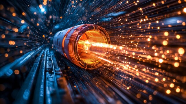 A close-up visualization of a fiber optic cable with orange and blue sparkling digital lights emanating, representing high-speed internet and modern technology.