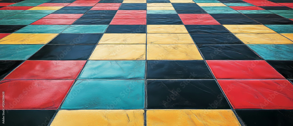Poster vivid checkerboard pattern featuring alternating colors and textures on a flat surface