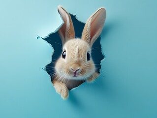 Obraz premium Easter Bunny with fluffy eared peeking out of a hole in blue wall