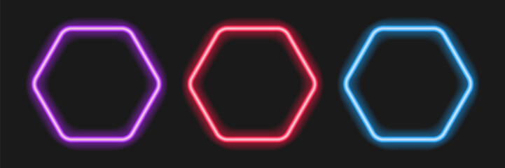 Simple neon light geometric Frames set. Three vibrant neon Hexagon shapes on dark backdrop. Blue red purple luminous glowing frames. Element for design