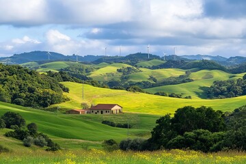 Obraz premium Stunning Rural Landscape Green Hills Farm House Wind Turbines Sunny Day Pastoral Scenery Vibrant Nature Eco Friendly Energy Rolling Hills Countryside Idyllic View 