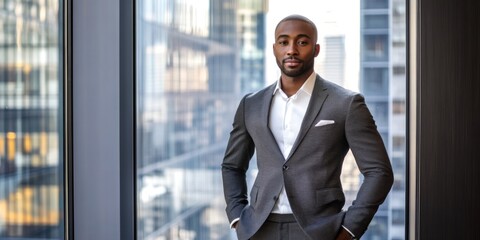 Fototapeta premium A confident man stands in a modern office setting with large windows. He is dressed in a stylish suit, showcasing professionalism and elegance. This image captures business success and ambition. AI