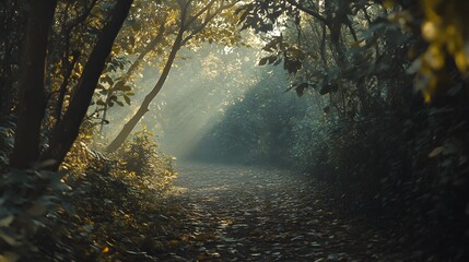 Fototapeta premium Sunlight streaming through a forest path 