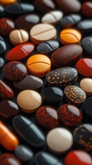 Colorful assortment of pills and capsules scattered on a surface in an abstract display