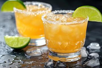 Refreshing citrus cocktails served with ice and lime wedges on a dark background
