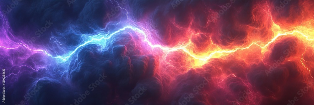 Poster vivid lightning bolt patterns in cheerful colors representing energy creation, subtly defocused.
