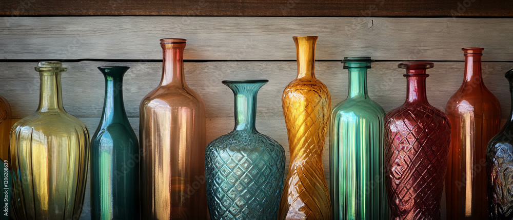 Poster colorful glass bottles with varied shapes and smooth textures arranged on display