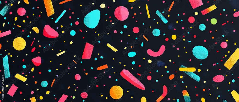 Poster bright confetti patterns create a lively and colorful texture on a dark background