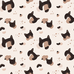 Seamless abstract pattern featuring cat-shaped elements in brown tones on a beige background. Perfect for textiles, wallpapers, and artistic projects
