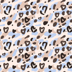 Seamless pattern with heart-shaped leopard spots, brown, blue shapes, animal print. Aesthetic romantic concept, background for apparel, room decor, tee prints, fabric, natural themes design projects